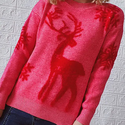 Women's Round Neck Long Sleeve Christmas Sweater New Year Snowflake Fawn Jacquard Knit Sweater