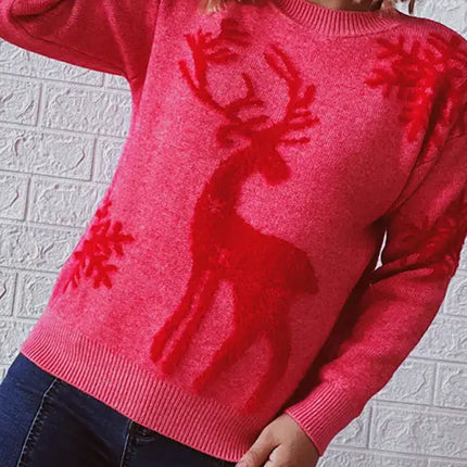 Women's Round Neck Long Sleeve Christmas Sweater New Year Snowflake Fawn Jacquard Knit Sweater
