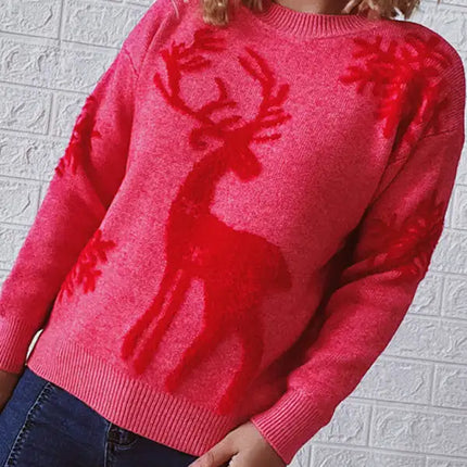 Women's Round Neck Long Sleeve Christmas Sweater New Year Snowflake Fawn Jacquard Knit Sweater