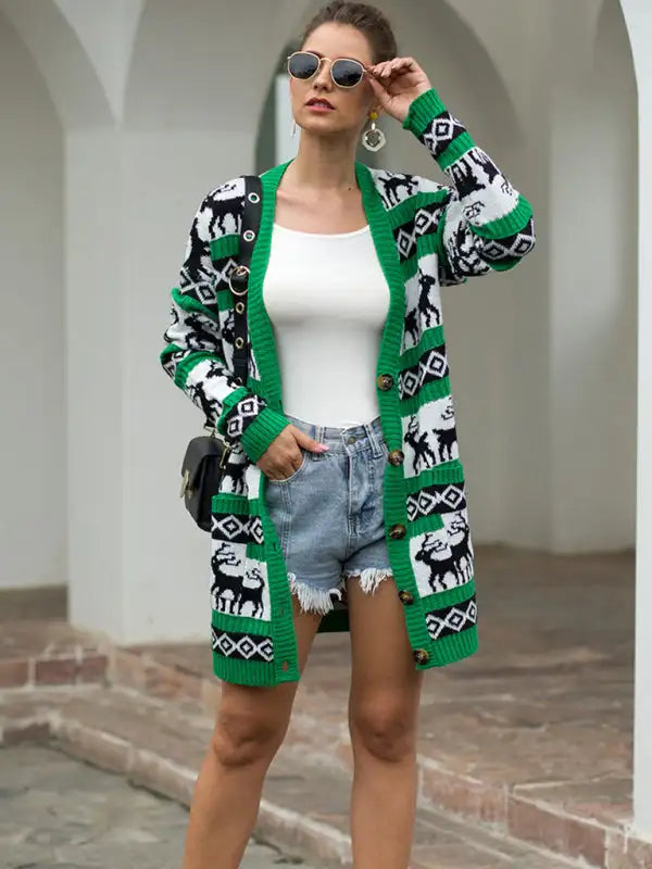 Cárdigan navideño de punto para mujer, suéter de longitud media 