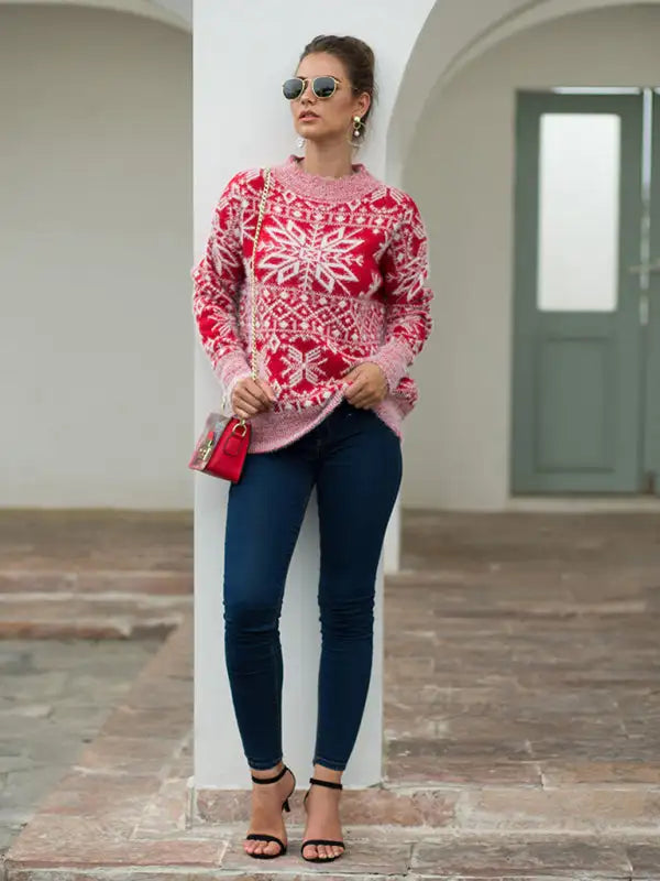 Suéter navideño de punto con copo de nieve para mujer 