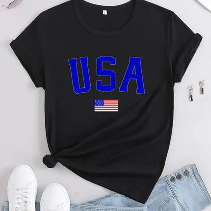 Camiseta de manga corta con gráfico de algodón con bandera estadounidense para mujer 