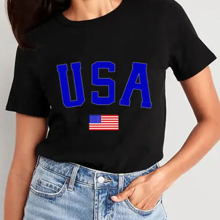 Camiseta de manga corta con gráfico de algodón con bandera estadounidense para mujer 