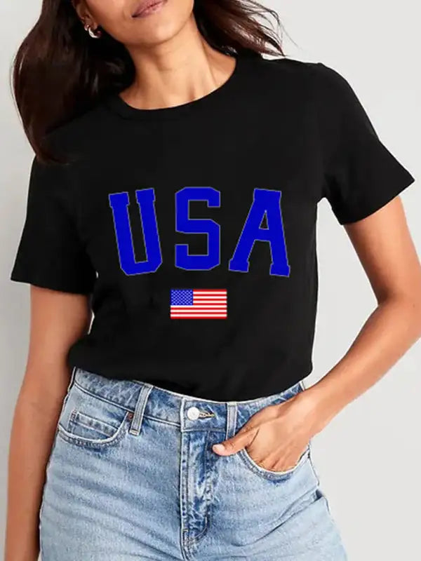 Camiseta de manga corta con gráfico de algodón con bandera estadounidense para mujer 