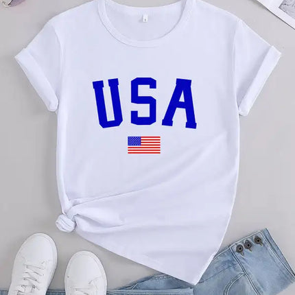 Camiseta de manga corta con gráfico de algodón con bandera estadounidense para mujer 