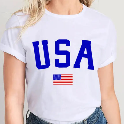 Camiseta de manga corta con gráfico de algodón con bandera estadounidense para mujer 