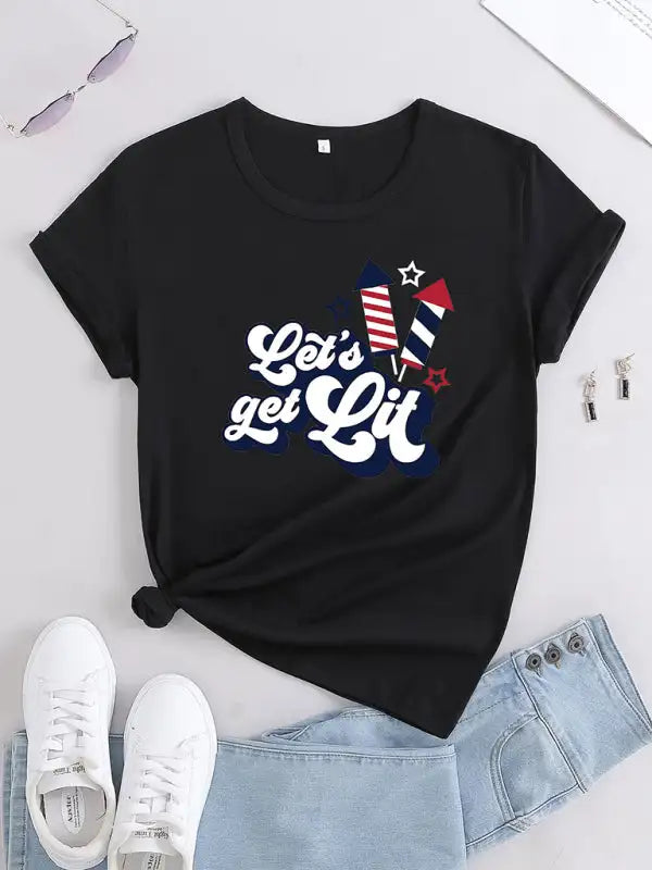 Camiseta gráfica de manga corta con bandera de EE. UU. para mujer 