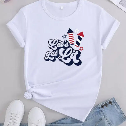 Camiseta gráfica de manga corta con bandera de EE. UU. para mujer 