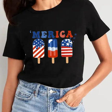 Camiseta deportiva con cuello redondo y estampado gráfico del Día de la Independencia para mujer 