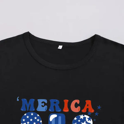 Camiseta deportiva con cuello redondo y estampado gráfico del Día de la Independencia para mujer 