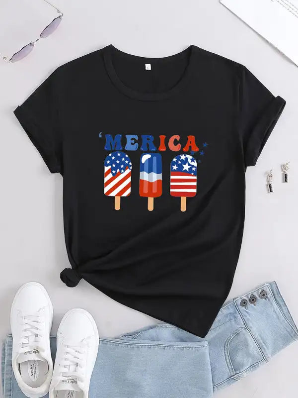 Camiseta deportiva con cuello redondo y estampado gráfico del Día de la Independencia para mujer 