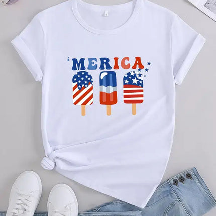 Camiseta deportiva con cuello redondo y estampado gráfico del Día de la Independencia para mujer 