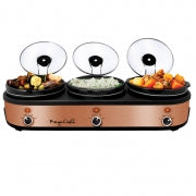 MegaChef Triple 2.5 Quart Slow Cooker and Buffet Server in Brushed Copper and Black Finish with 3 Ceramic Cooking Pots and Removable Lid Rests