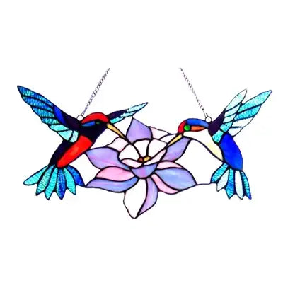 "NECTAR" Tiffany-style Hummingbirds Glass Window Panel 18" Wide