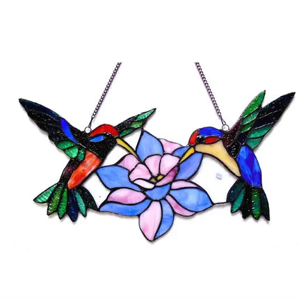 "NECTAR" Tiffany-style Hummingbirds Glass Window Panel 18" Wide