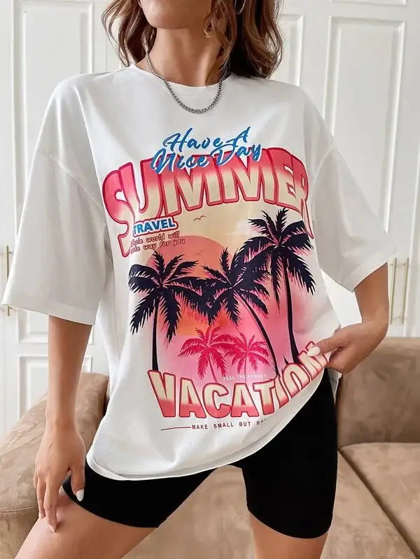 Camiseta de manga corta con estampado de vacaciones de verano para mujer. 