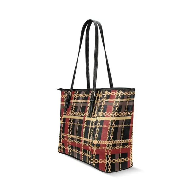 Shoulder Bag - Black Red & Gold Chain Link Style Leather Tote Bag