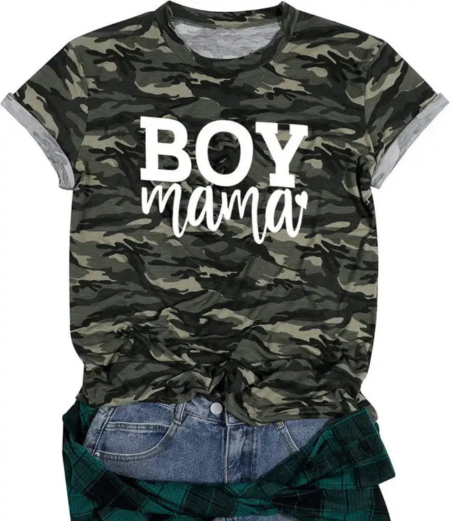 Camiseta de manga corta con cuello redondo y estampado Boy Mama de camuflaje para mujer 