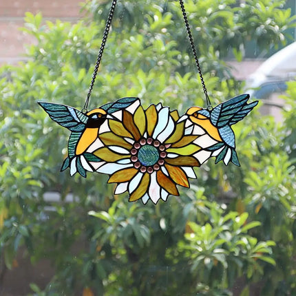 SOAR Tiffany-style Green Animal/Floral Design Window Panel 17" x 7.75"