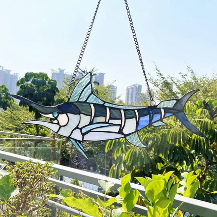 SWORDFISH Animal-Style Stained Glass Window Panel 16" Wide