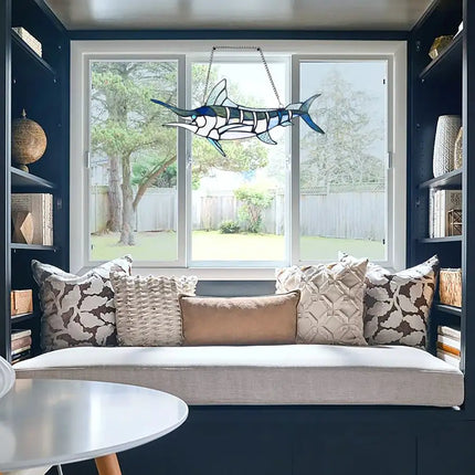 SWORDFISH Animal-Style Stained Glass Window Panel 16" Wide