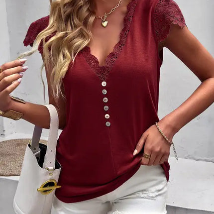 Blusa de manga casquillo con volantes y cuello en V de color liso para mujer 