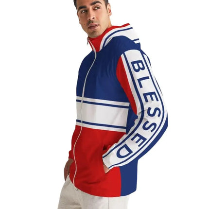 Uniquely You Mens Hooded Windbreaker / Red White Blue Blessed Print