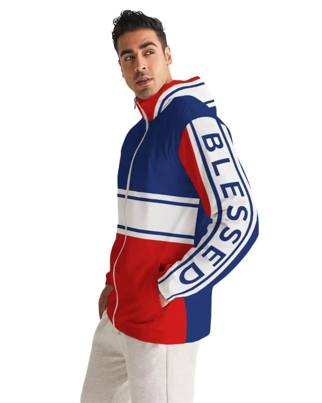 Uniquely You Mens Hooded Windbreaker / Red White Blue Blessed Print