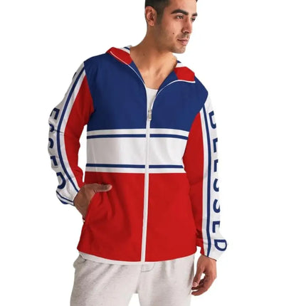 Uniquely You Mens Hooded Windbreaker / Red White Blue Blessed Print