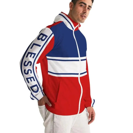 Uniquely You Mens Hooded Windbreaker / Red White Blue Blessed Print