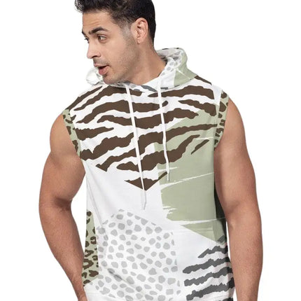 Uniquely You Mens Sleeveless Hoodie / Brown and Green Geometric