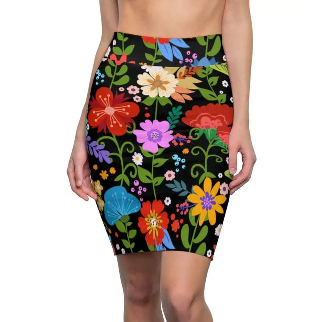 Uniquely You Womens Pencil Skirt - High Waist Stretch / Multicolor Floral Print - Black