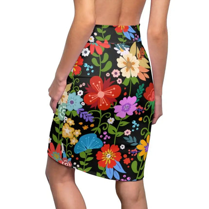 Uniquely You Womens Pencil Skirt - High Waist Stretch / Multicolor Floral Print - Black