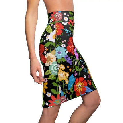 Uniquely You Womens Pencil Skirt - High Waist Stretch / Multicolor Floral Print - Black