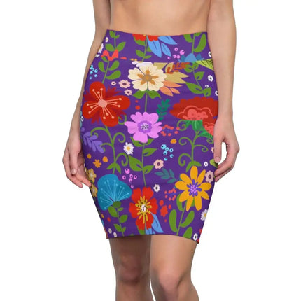 Uniquely You Womens Pencil Skirt - High Waist Stretch / Multicolor Floral Print - Purple