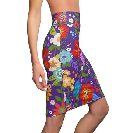 Uniquely You Womens Pencil Skirt - High Waist Stretch / Multicolor Floral Print - Purple