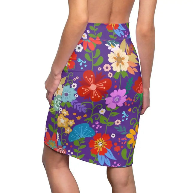 Uniquely You Womens Pencil Skirt - High Waist Stretch / Multicolor Floral Print - Purple