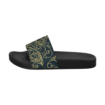 Uniquely You Womens Slides / Flip-Flop Sandals - Black And Gold Swirl Print