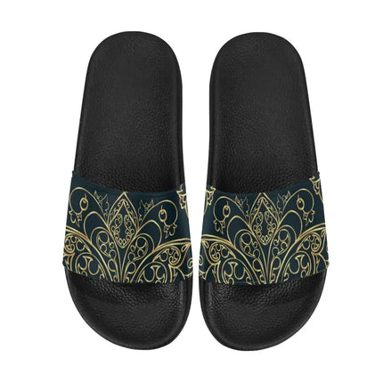 Uniquely You Womens Slides / Flip-Flop Sandals - Black And Gold Swirl Print