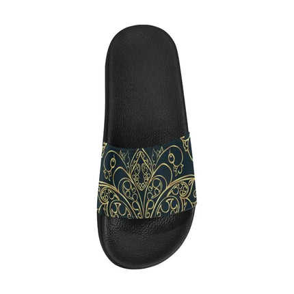 Uniquely You Womens Slides / Flip-Flop Sandals - Black And Gold Swirl Print