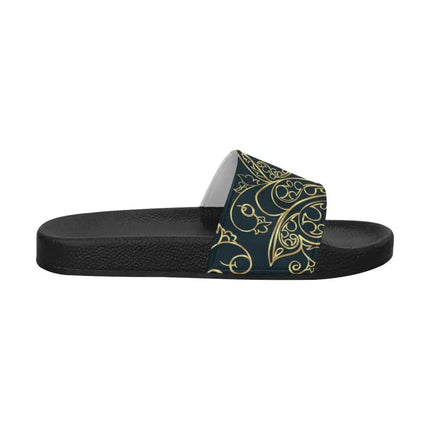 Uniquely You Womens Slides / Flip-Flop Sandals - Black And Gold Swirl Print