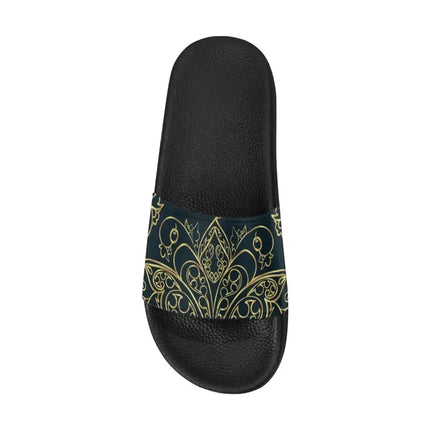 Uniquely You Womens Slides / Flip-Flop Sandals - Black And Gold Swirl Print