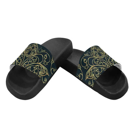 Uniquely You Womens Slides / Flip-Flop Sandals - Black And Gold Swirl Print