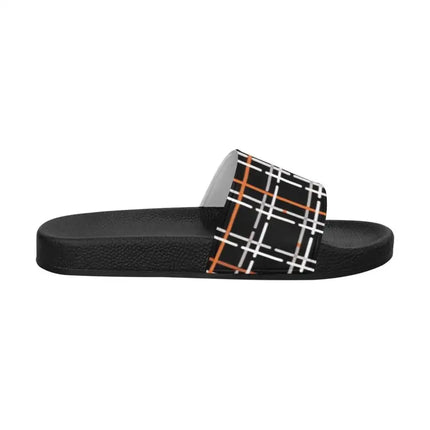 Uniquely You Womens Slides / Flip-Flop Sandals - Black Orange And White Tartan Print