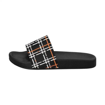 Uniquely You Womens Slides / Flip-Flop Sandals - Black Orange And White Tartan Print