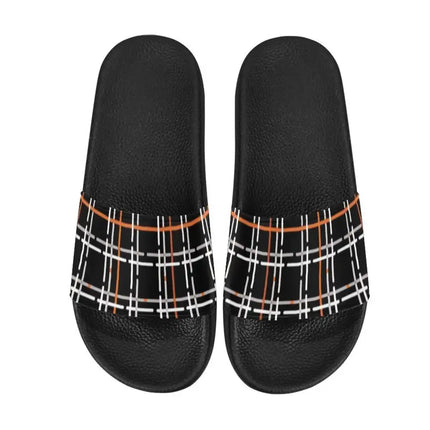 Uniquely You Womens Slides / Flip-Flop Sandals - Black Orange And White Tartan Print