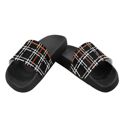 Uniquely You Womens Slides / Flip-Flop Sandals - Black Orange And White Tartan Print