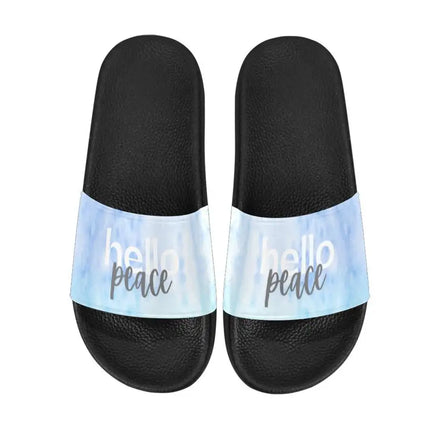Uniquely You Womens Slides / Flip-Flop Sandals - Blue Watercolor Hello Peace Print