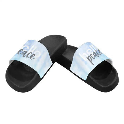 Uniquely You Womens Slides / Flip-Flop Sandals - Blue Watercolor Hello Peace Print