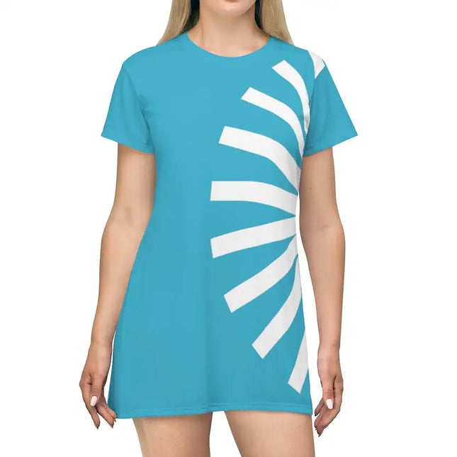 Uniquely You Womens T-Shirt Dress / Side Curve Fan Grid White - Sea Blue